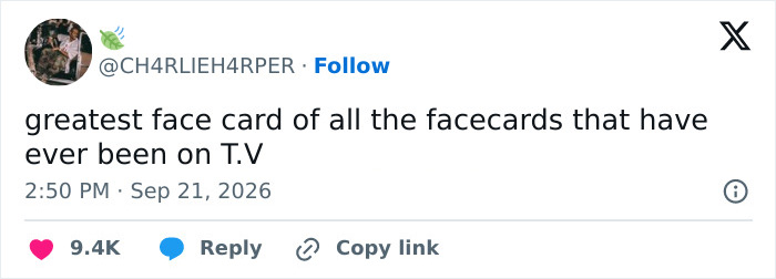 An online post from fans debating if a character has the greatest face card on TV An online post from fans debating if a character has the greatest face card on TV