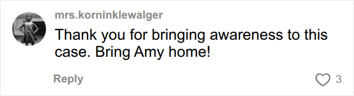 Comment thanking for awareness and urging to bring missing wife Amy home