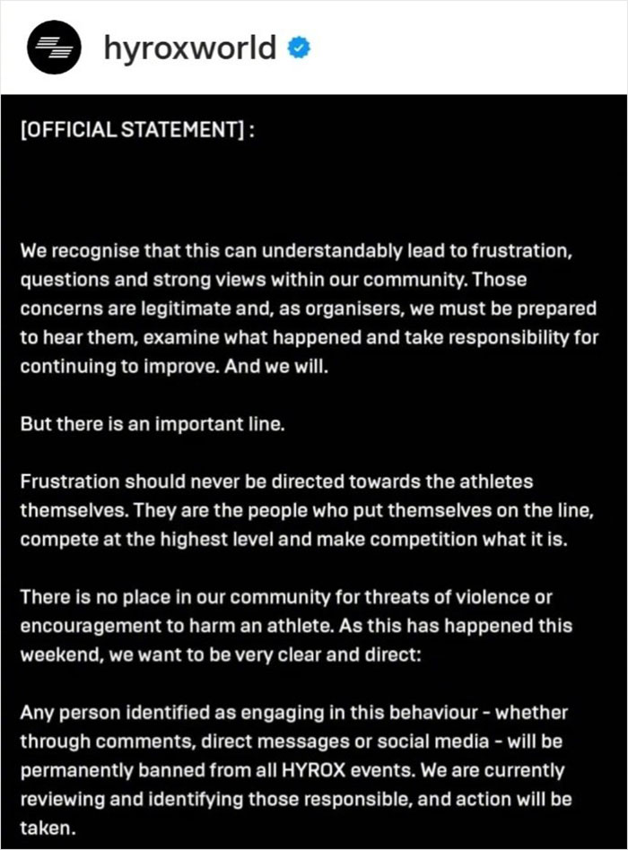 Official statement from HYROX about the athlete refusing to quit, addressing backlash and supporting athletes.