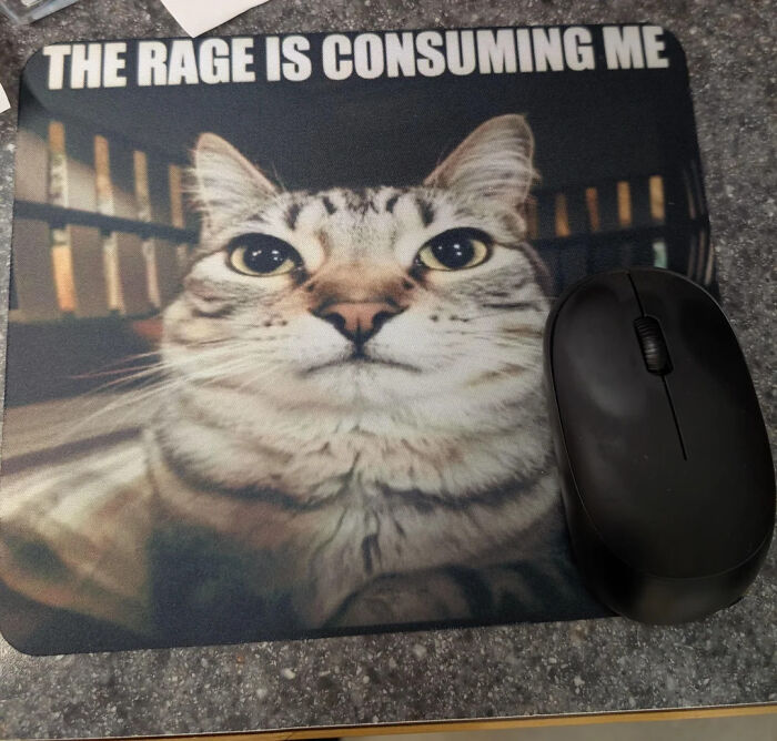 Hilarious photos: A cat mousepad featuring a cat with the text The Rage Is Consuming Me next to a black computer mouse.