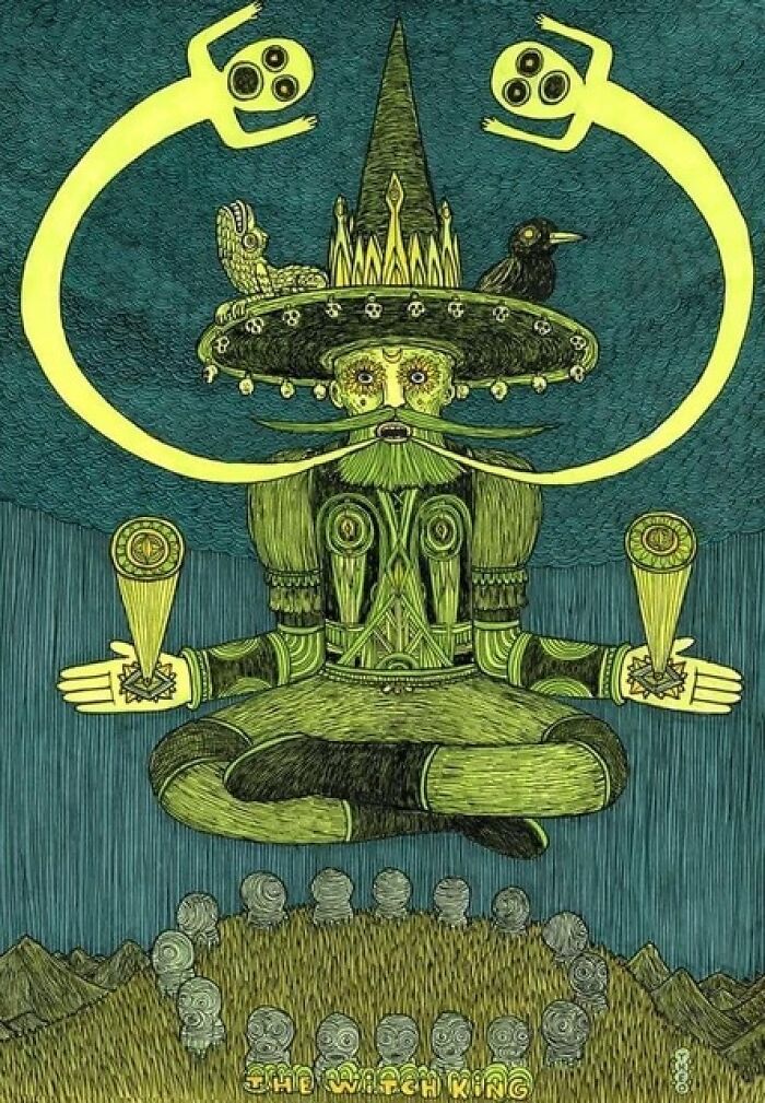 Theo Ellsworth surreal green Watch King figure levitating with floating yellow arms and a crown
