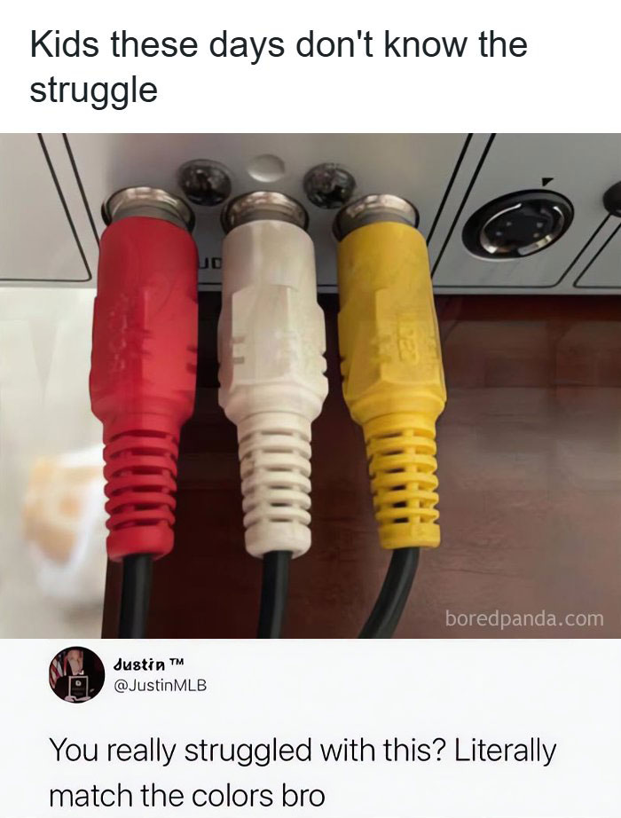 A meme with a close-up of red, white, and yellow RCA cables plugged into a device, a hilarious meme.