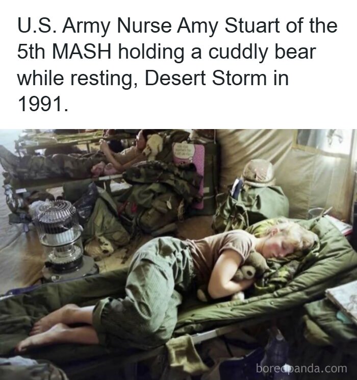 An archival photo of US Army Nurse Amy Stuart resting with a teddy bear, capturing a rare moment from the past.