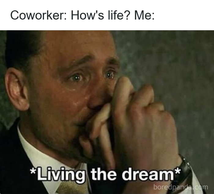 Crying man living the dream meme about life at work relatable to working for a living