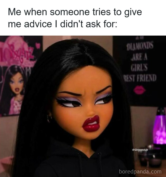 Bratz doll with a skeptical expression, representing funny memes about being a woman dealing with unwanted advice.