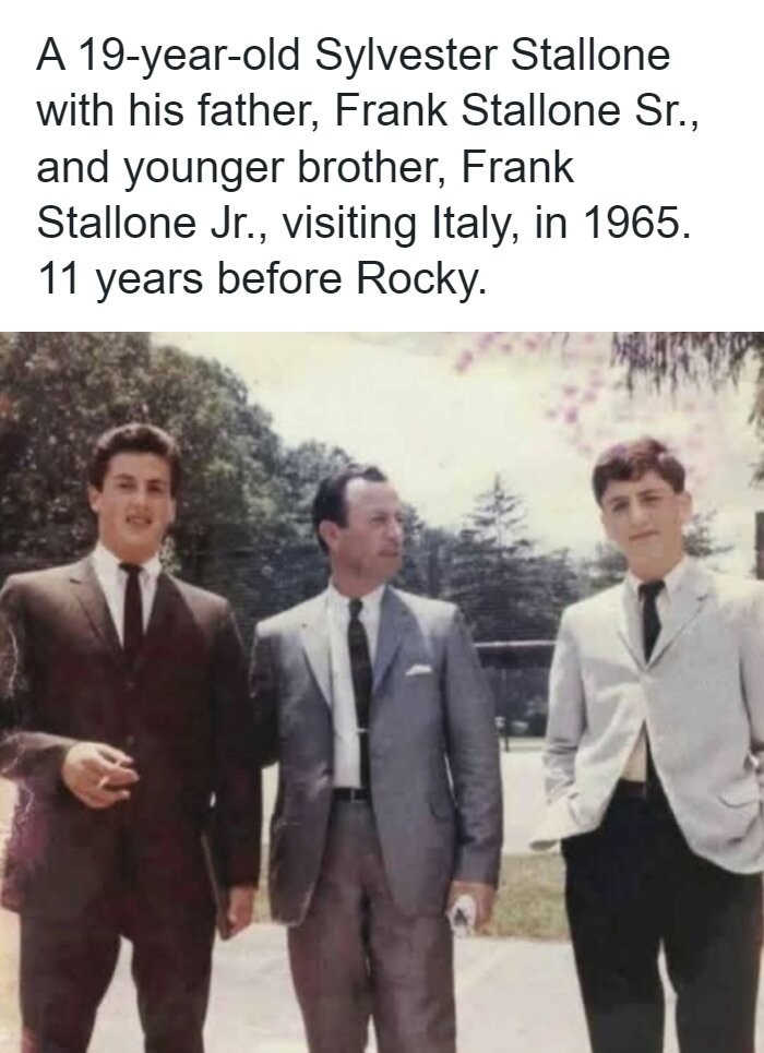 Remarkable photo of a young Sylvester Stallone with his father and brother in Italy in 1965.