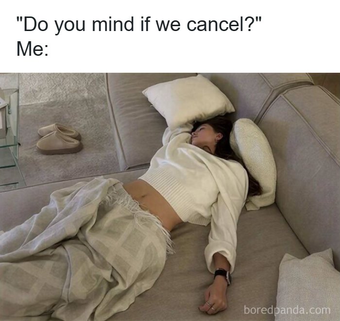 A woman sleeping soundly on a couch representing funny memes about being a woman and cancelling plans