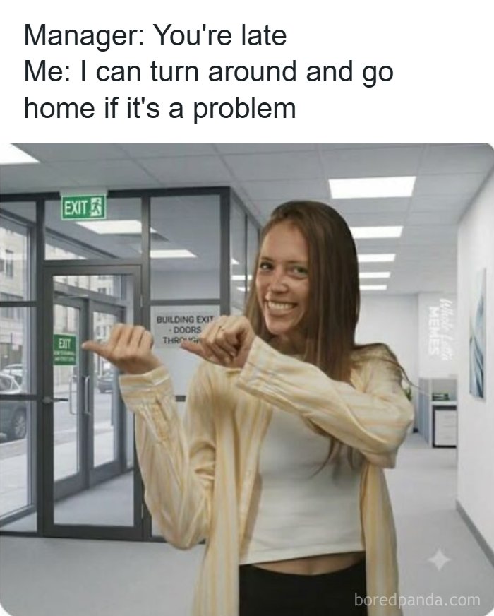 Woman gestures to office exit joking about leaving work when late