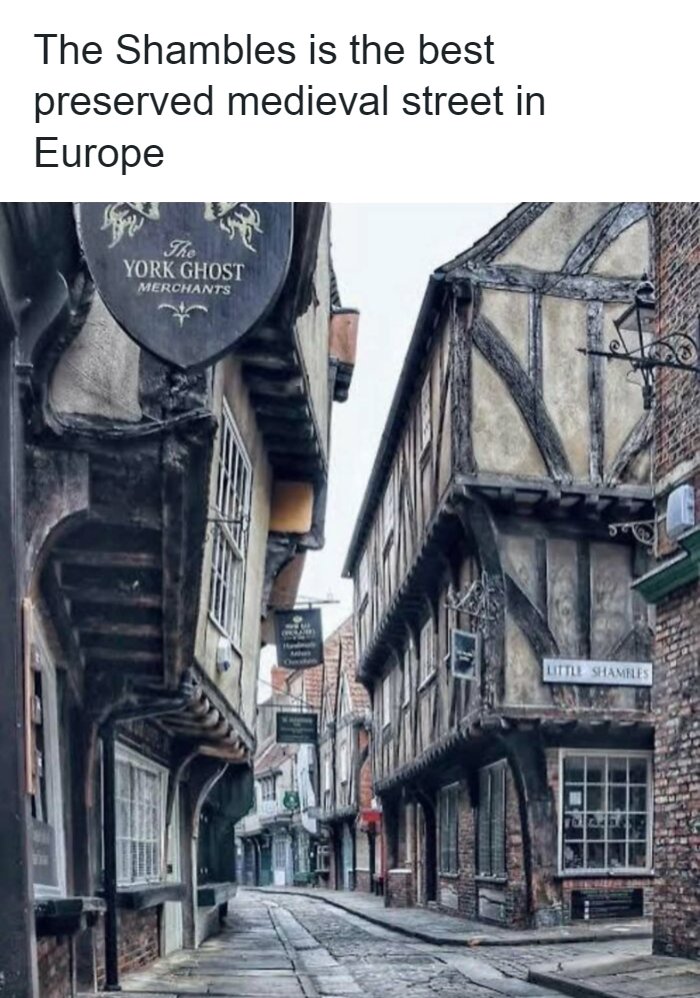 Old medieval cobblestone street of The Shambles in York.