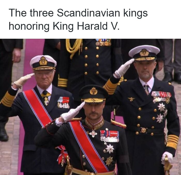 Three Scandinavian kings in military uniform saluting in a historic photo.
