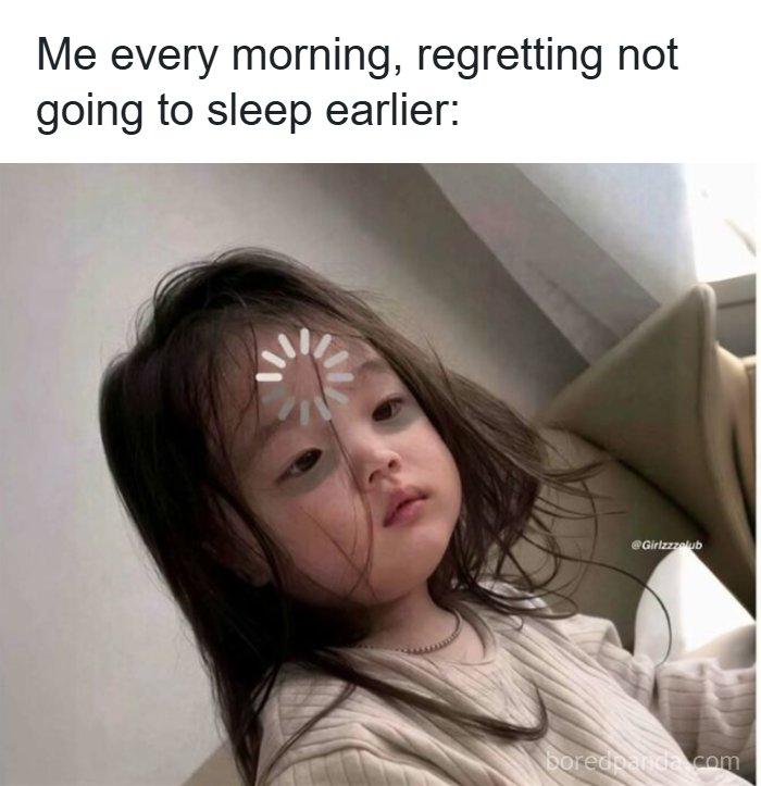 Tired little girl with a loading icon on her forehead from funny memes about being a woman who needs sleep
