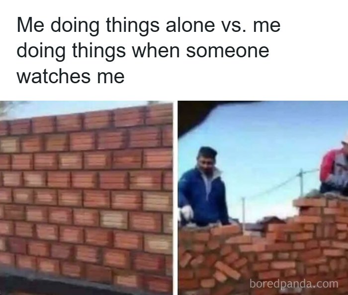 Funny ADHD memes showing a perfectly built brick wall vs. a messy one when someone is watching