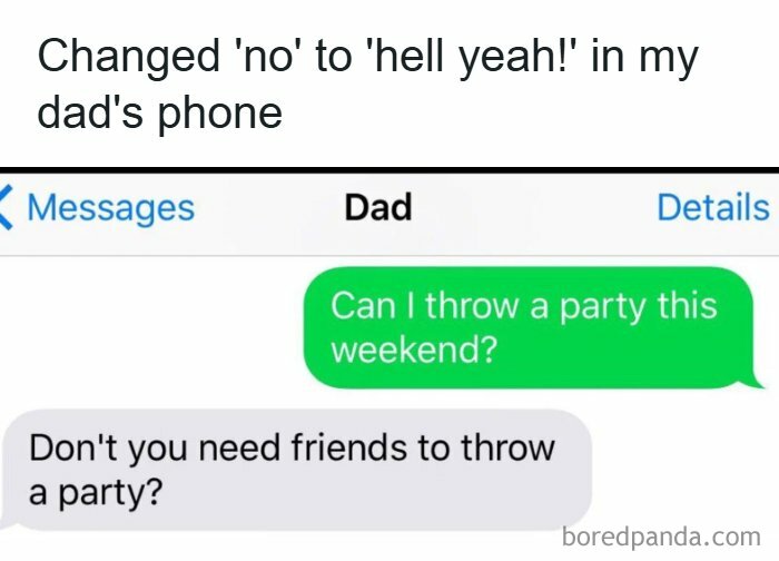 A meme of a text message exchange between a dad and child about throwing a party, featuring hilarious memes.