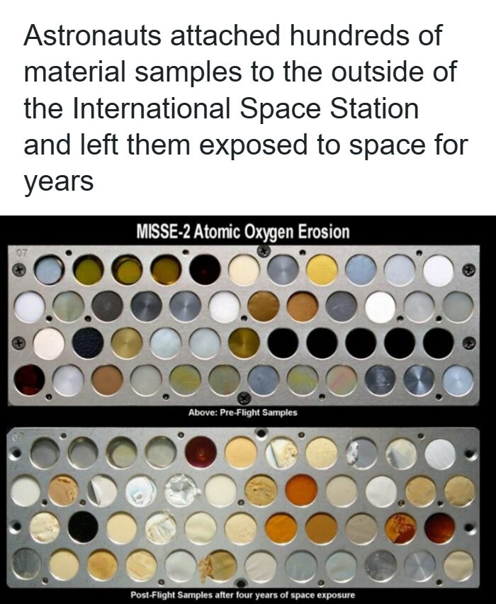 Remarkable photos that show the past ISS material samples before and after atomic oxygen erosion in space