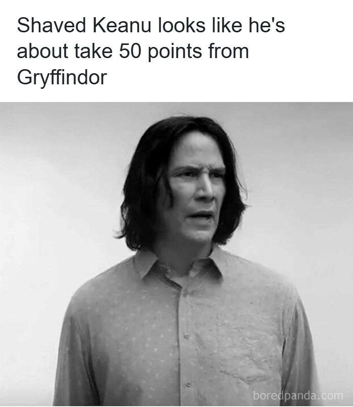 Shaved Keanu Reeves meme about taking 50 points from Gryffindor with black and white portrait