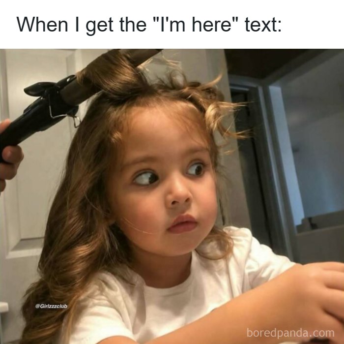 Funny memes about being a woman featuring a young girl getting her hair curled with a surprised expression