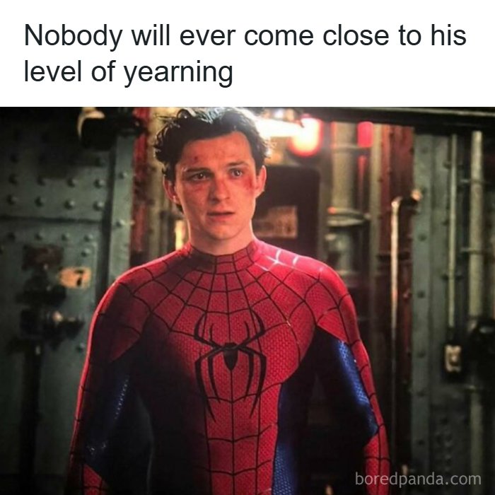 A pop culture image of a sad Spider-Man (Tom Holland) with a look of intense yearning.
