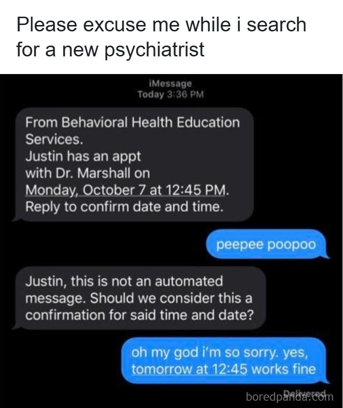 A screenshot of hilarious texts where someone replies peepee poopoo to an appointment confirmation.
