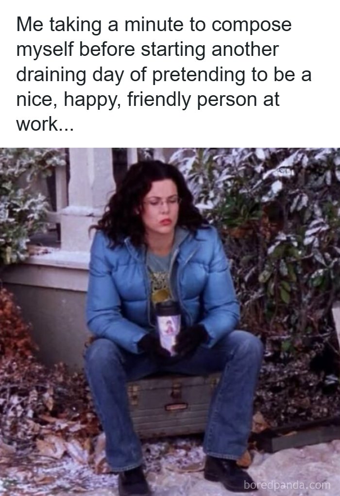 Person composing themselves before another draining workday