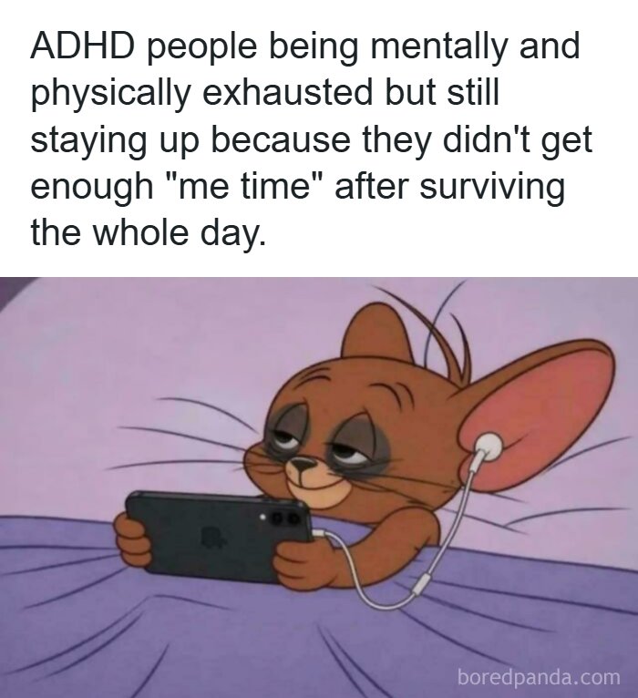 Jerry Mouse on phone in bed representing funny ADHD memes about late night revenge bedtime procrastination.