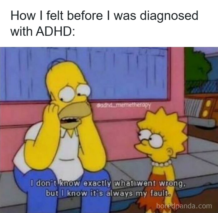 Sad Homer Simpson illustration for funny ADHD memes about feeling blamed before a diagnosis.