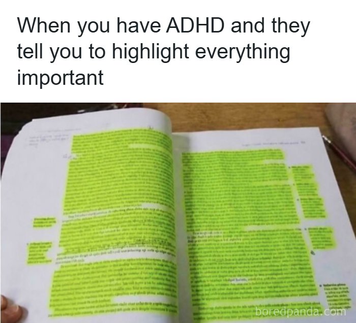 A photo of a textbook completely covered in yellow highlighter, illustrating funny ADHD memes about studying