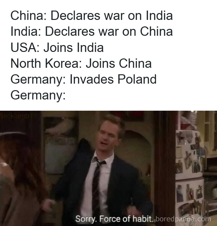 Edgy meme about countries declaring war with a man apologizing for his actions humorously