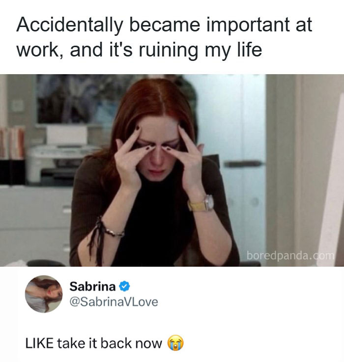 A meme of a woman with red hair looking stressed at work, holding her head between her fingers. The caption reads, 'Accidentally became important at work, and it's ruining my life.' Below, a tweet from Sabrina reads, 'LIKE take it back now.'
