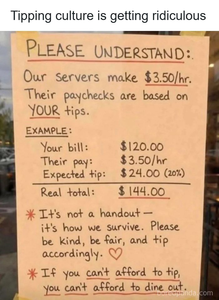 A meme showing a Please Understand sign about server wages and tipping culture.