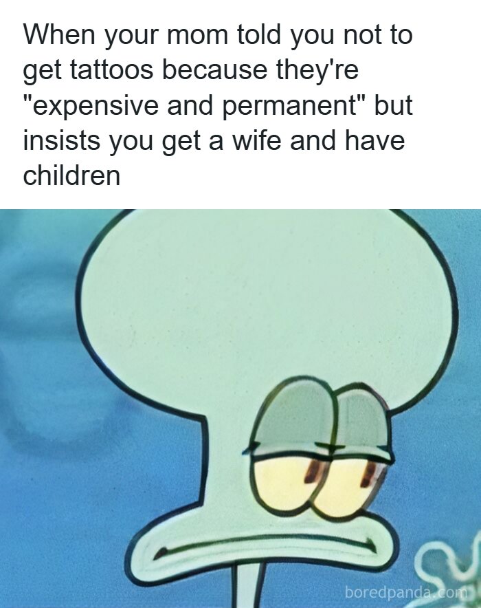 Edgy meme showing Squidward with skeptical expression about tattoos.