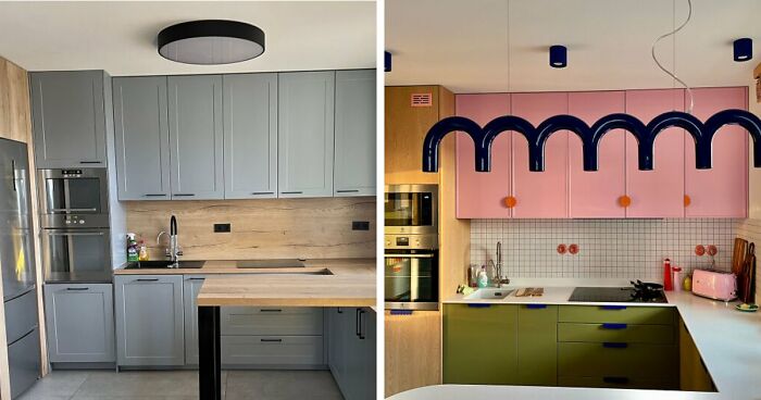 Modern kitchen home decor projects with sleek gray cabinets and a whimsical design featuring pink and olive-green cabinetry.