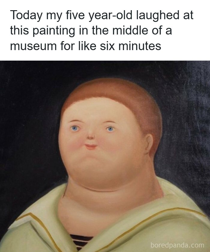 Painting of funny chubby person laughed at by five-year-old in museum