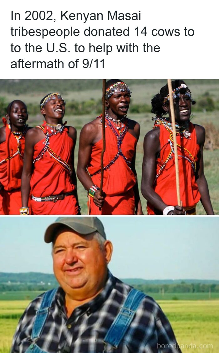 Edgy meme about Kenyan Masai tribespeople donating cows to US after 9 11
