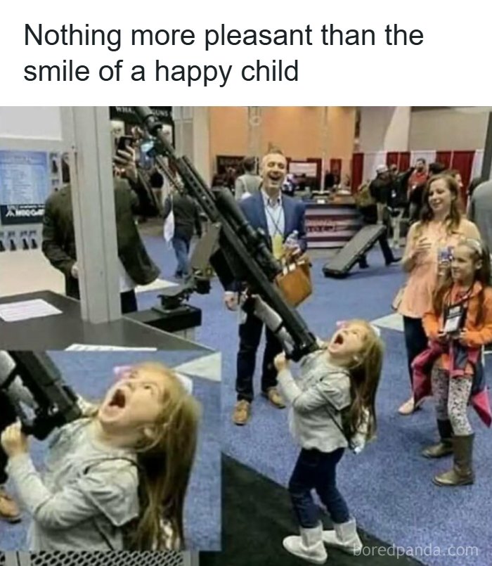 Edgy meme of a happy child excited by holding a large gun
