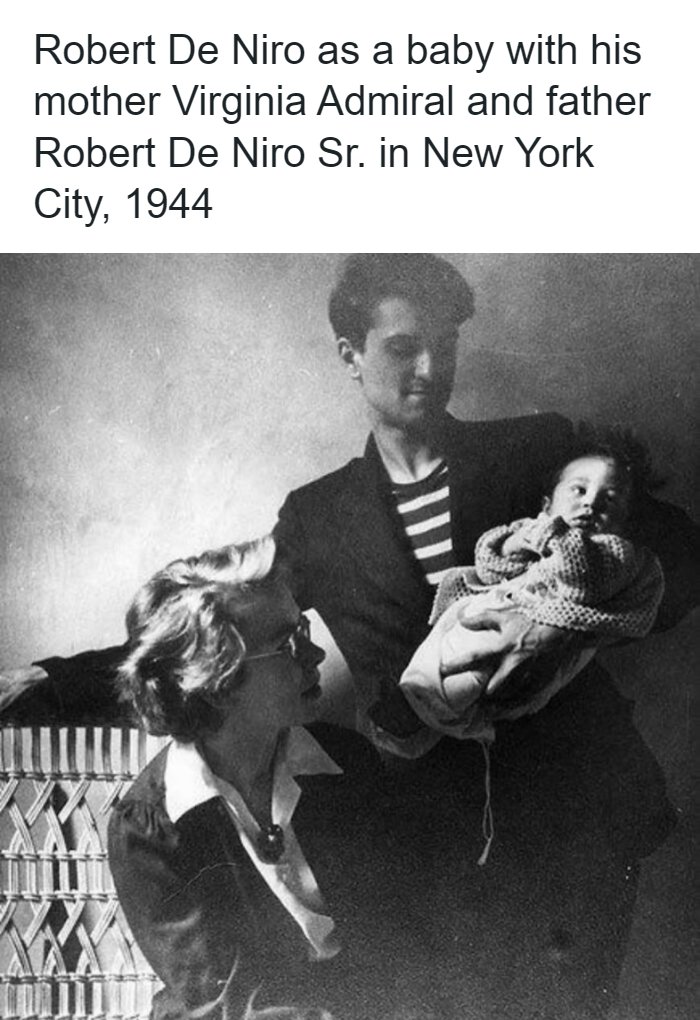 Black and white remarkable photos showing the past with a baby Robert De Niro and his parents in NYC in 1944.