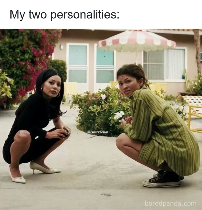Two contrasting outfits of women crouching, representing funny memes about being a woman