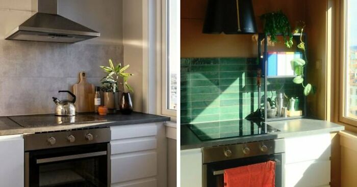 Before and after comparison of home decor projects showing a modern kitchen with a stainless steel range hood, and another kitchen with green subway tiles and hanging plants, demonstrating stylish upgrades.