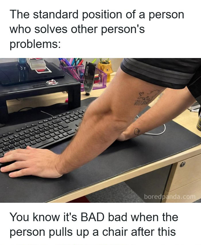 A man with his arm stretched across a desk, depicting a funny meme about problem-solving positions.