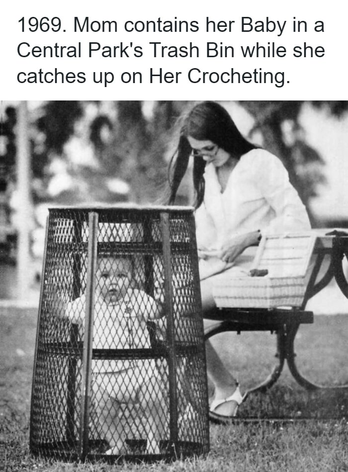 A mother crocheting next to her baby in a trash bin in 1969, from remarkable photos of the past.