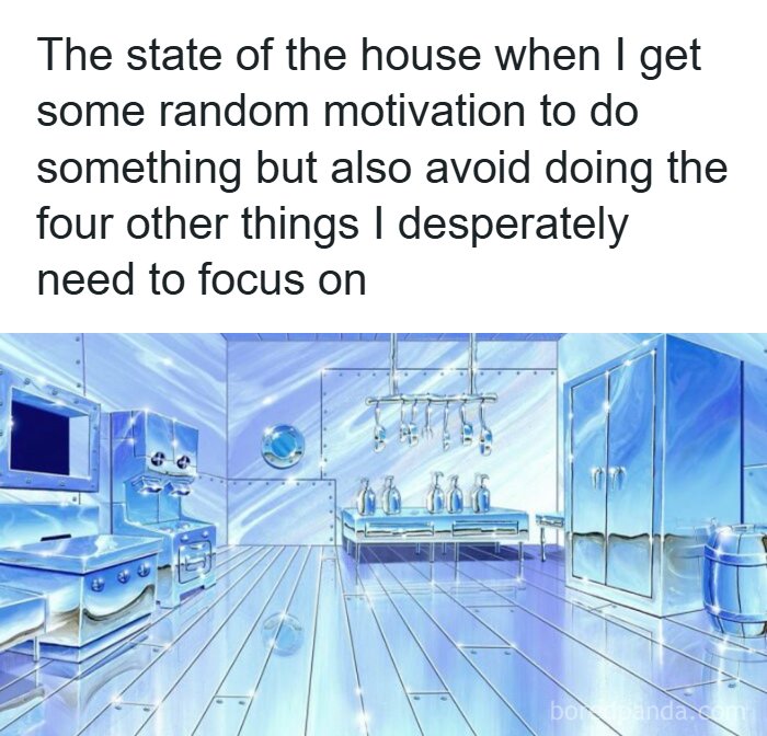 Funny ADHD memes about cleaning a kitchen to avoid other tasks