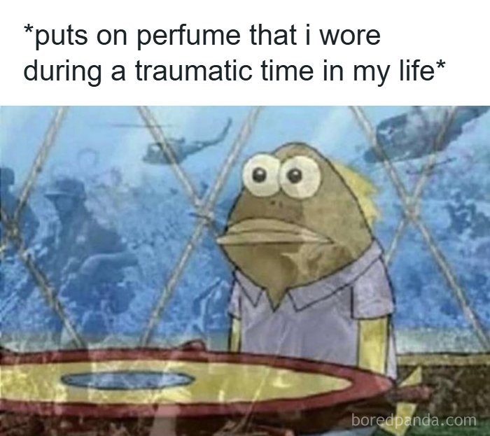 A meme of a fish in a diner looking traumatized by a memory of war, representing some days that feel like a meme.