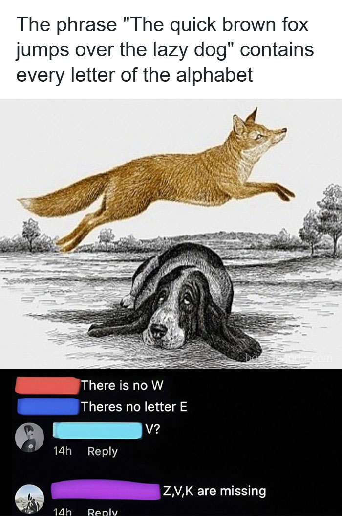 An educational meme showing an illustration of a fox and a lazy dog, accompanied by a linguistic observation and user comments.