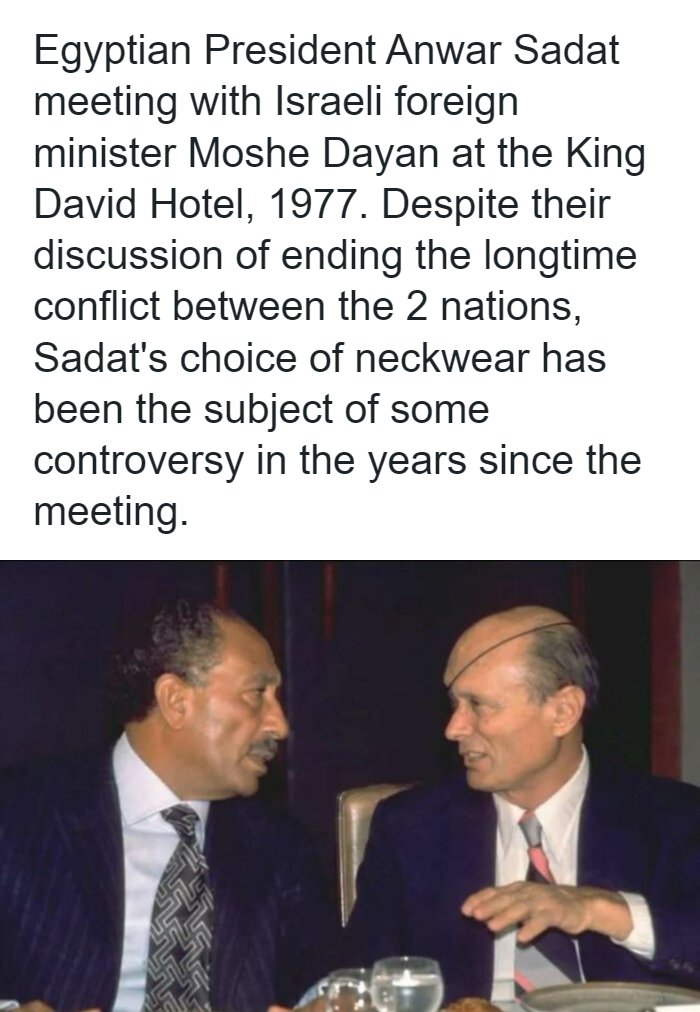 Anwar Sadat and Moshe Dayan meeting in 1977, representing remarkable photos of the past.