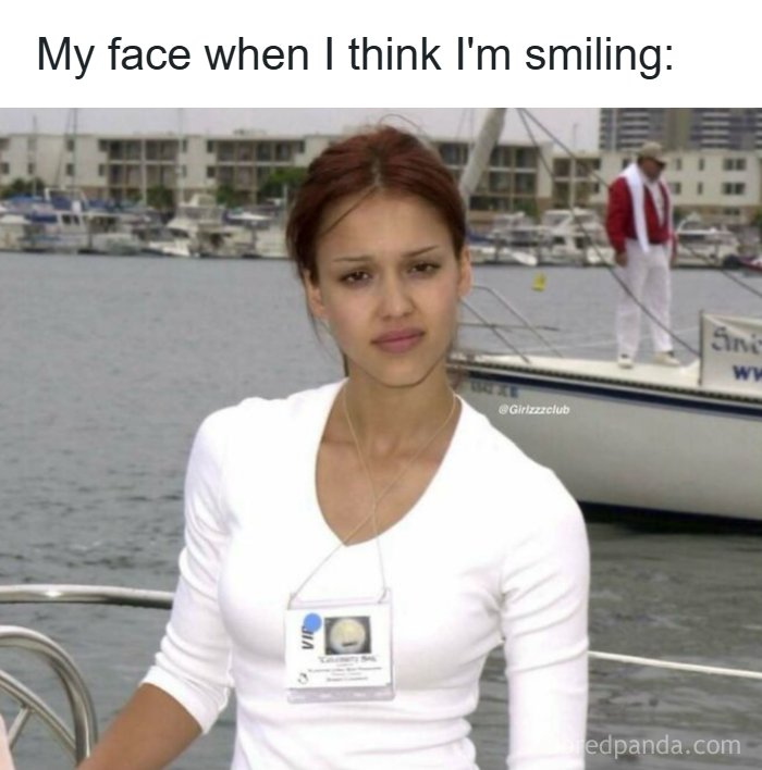 Funny memes about being a woman featuring a disappointed looking Jessica Alba on a boat