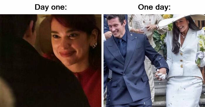 Funny meme representing a woman's dream relationship timeline from day one to wedding day.