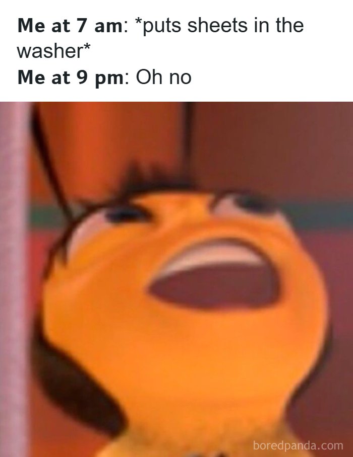 A meme of Barry B. Benson from Bee Movie with an open mouth, representing the realization of forgotten laundry.