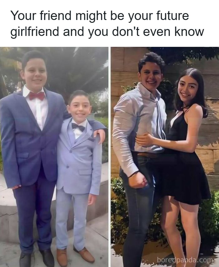 A funny meme of two young boys transforming into an adult couple, highlighting humorous memes.