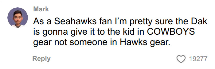 Seahawks fan commenting online about an NFL player gifting a hat at a match. Seahawks fan commenting online about an NFL player gifting a hat at a match.