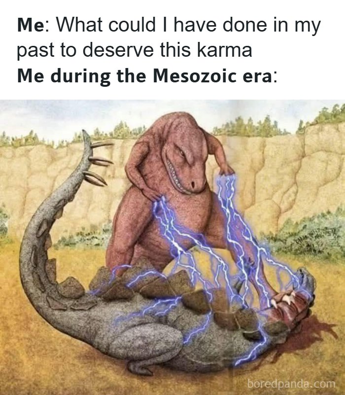 An illustration of a large dinosaur striking a smaller one with lightning, a hilarious meme about past karma.