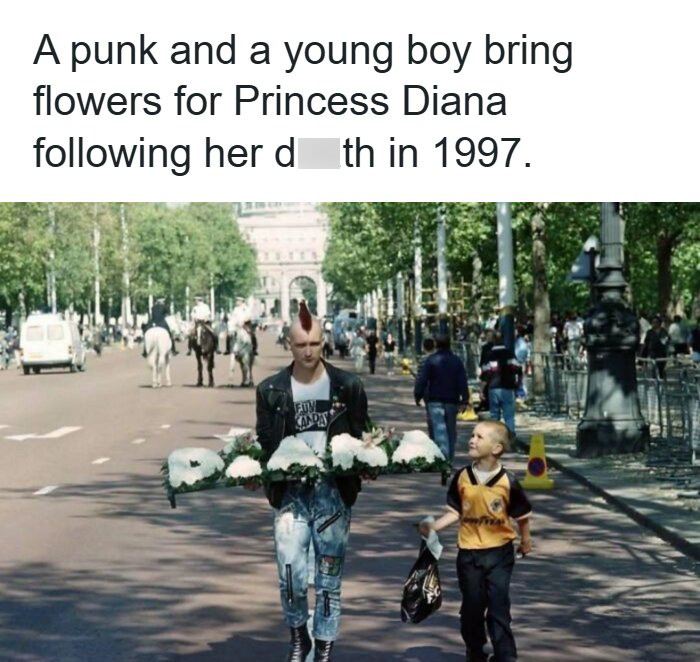 A punk and a young boy carrying flowers for Princess Diana in a remarkable photo from 1997.